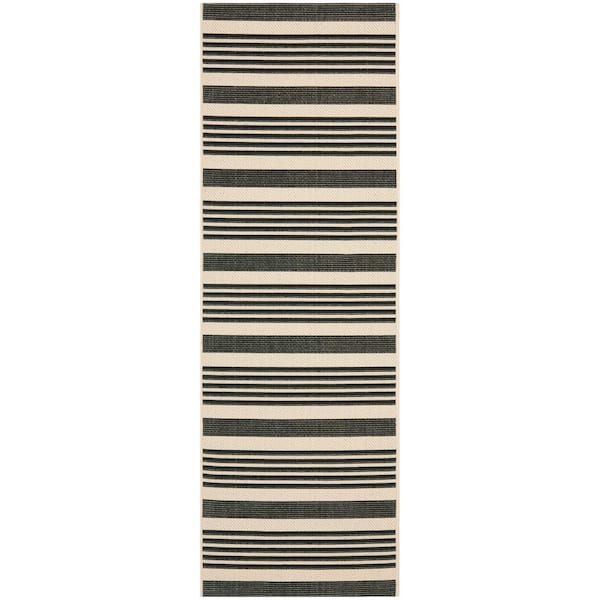 Courtyard Black/Bone 2 ft. x 14 ft. Striped Indoor/Outdoor Patio  Runner Rug