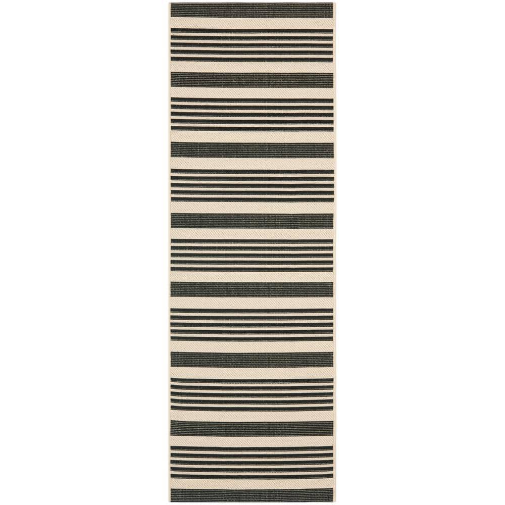 Black and Bone Striped Synthetic Outdoor Runner Rug