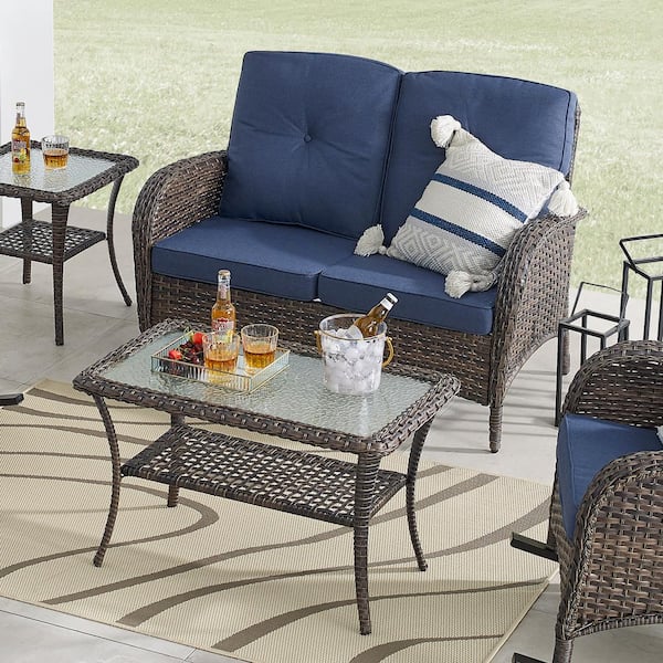 2-Piece Brown Wicker Outdoor Loveseat Set Patio Rattan Loveseat with Blue Cushions and Coffee Table