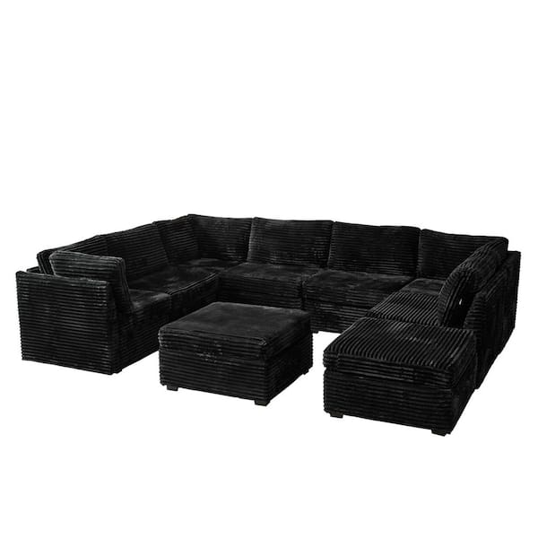 CUKE 127 in. Wide 9-Piece Modern Deep Seat Plush Corduroy U-Shape Modular Sectional Sofa Couch in Black with Ottomans