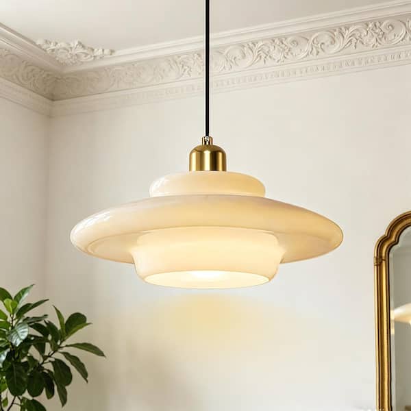 Milk Glass Pendant Light, Mid Century Modern Gold Rod Fixture