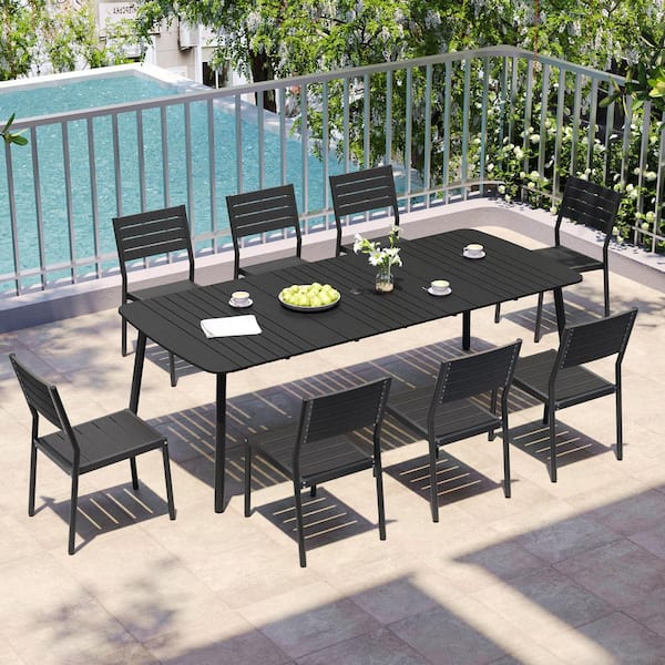 9-Piece Rustproof Aluminum Rectangle Patio Outdoor Dining Set with Slat Table and Stackable Chairs, Black