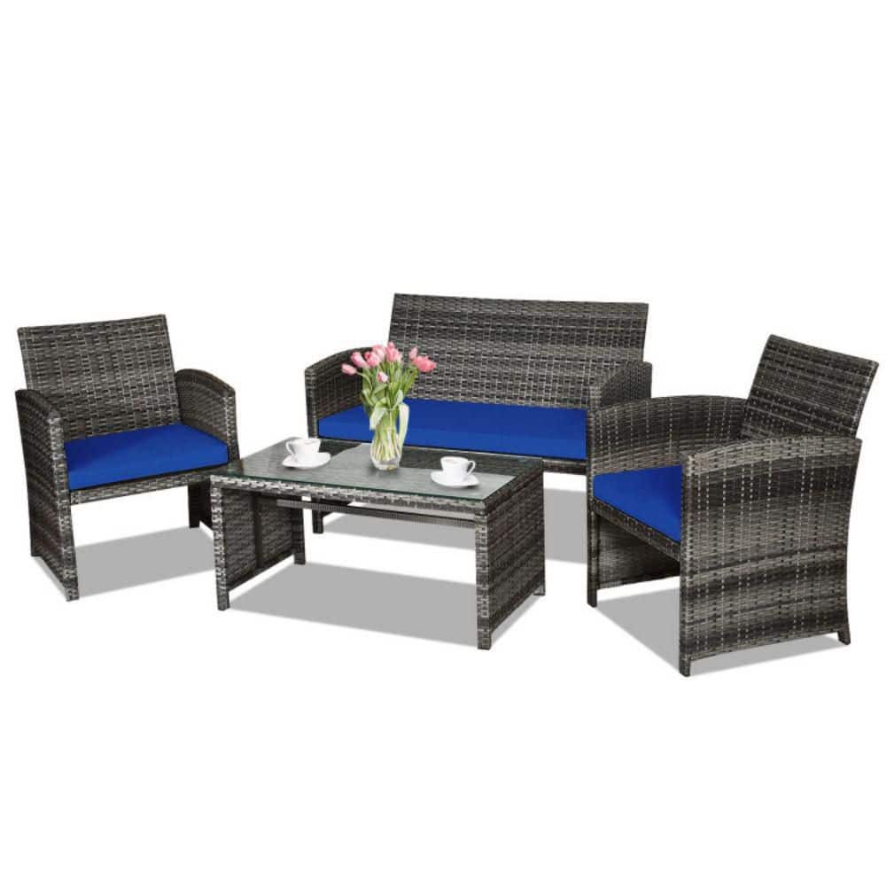 4-Piece Wicker Outdoor Conversation Furniture Set with Navy Cushions and Tempered Glass Table price history on PriceWatchPro