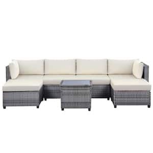 Gray 7-Piece Wicker Metal Outdoor Sectional Set with Beige Cushions