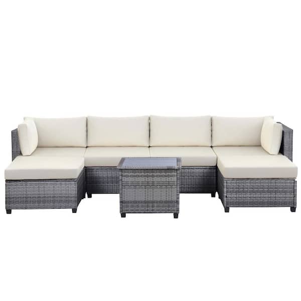 Sireck Gray 7-Piece Wicker Metal Outdoor Sectional Set with Beige Cushions