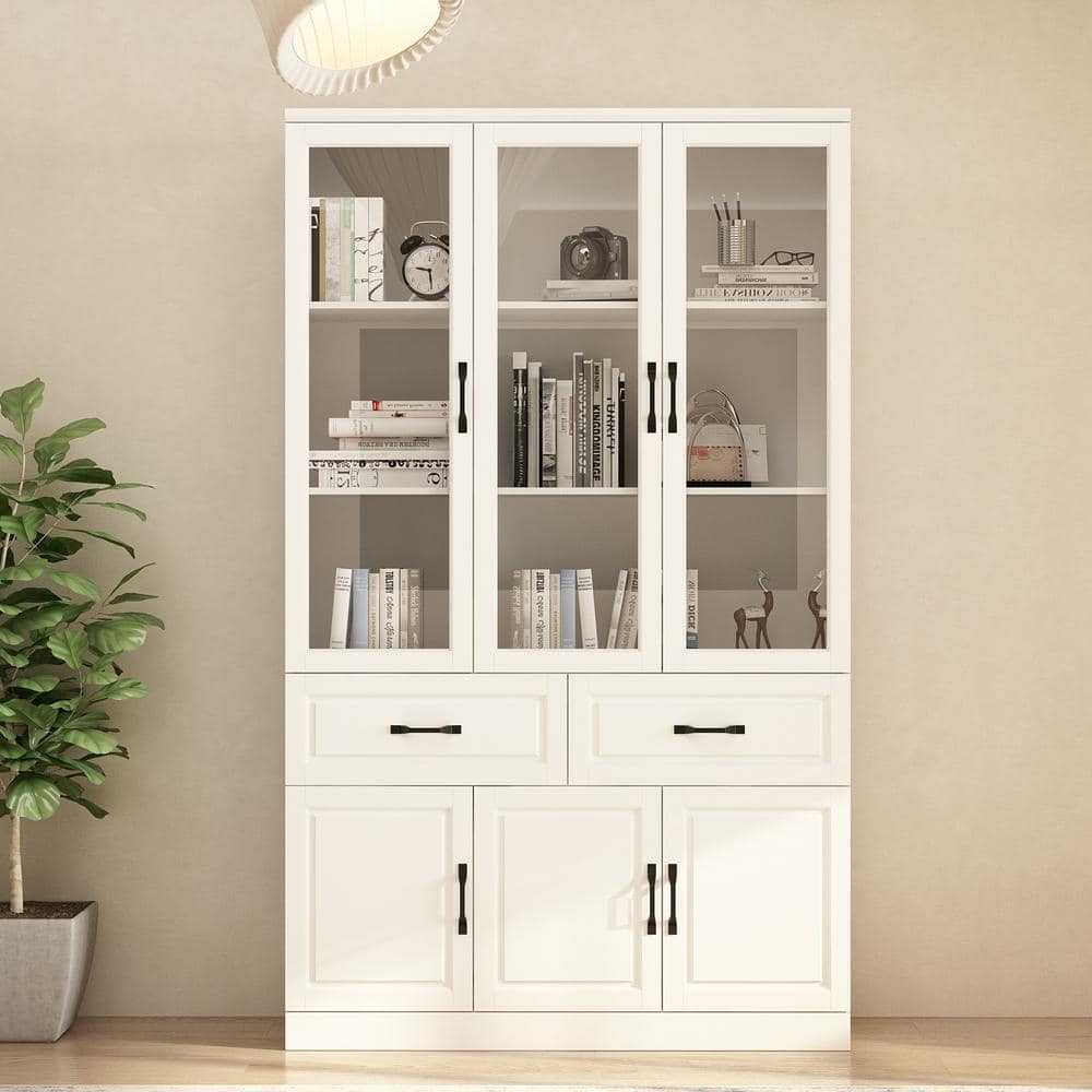 FUFU&GAGA 141.7 in. Luxurious Wall Wide White Wooden 30 Shelves Accent  Bookcase with Tempered Glass Door & 2 Drawers LBB-KF020319,20,21 - The Home  Depot