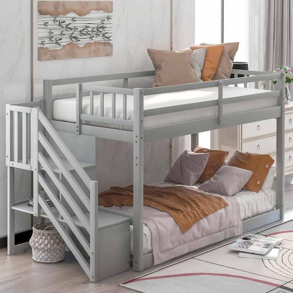 Polibi Gray Twin Over Twin Floor Bunk Bed, Ladder with Storage