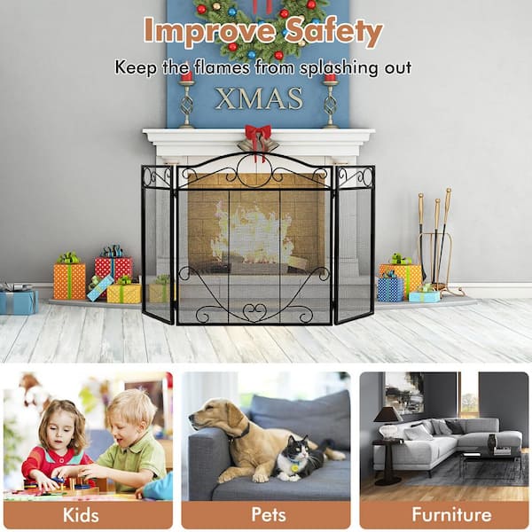 Gymax 3-Panel Fireplace Screen Decor Cover Pets Baby Child Safty