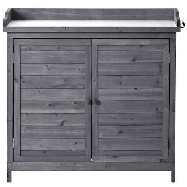 39 in. W x 37.4 in. H Gray Potting Bench Table with 2-Tier Shelves and Side Hook