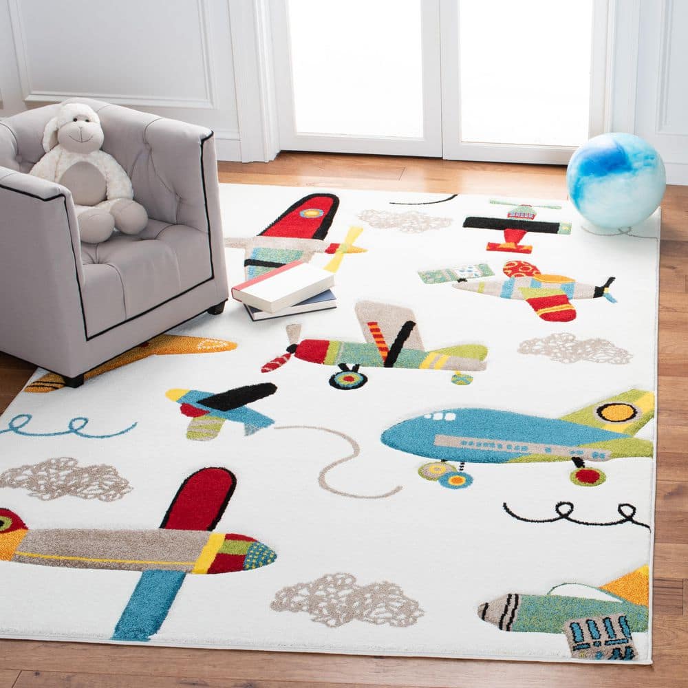 Ivory and Blue Airplane Kids Rectangular Rug, 4' x 6'