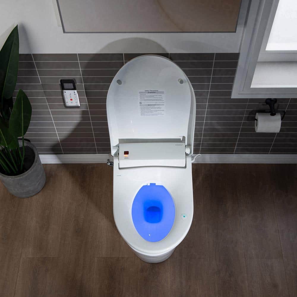 White Porcelain Elongated One-Piece Dual Flush Toilet with Smart Bidet