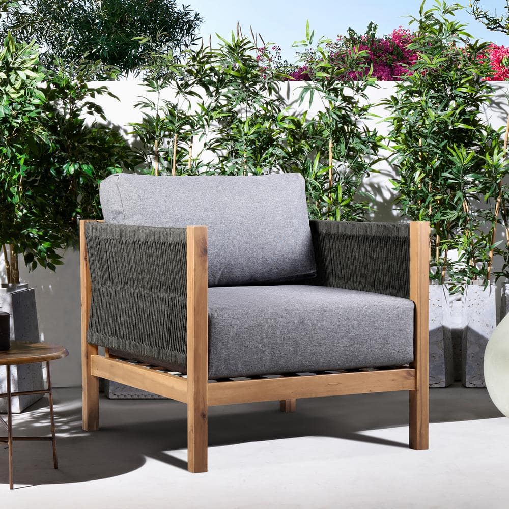 Sienna Outdoor Patio Lounge Chair in Acacia Wood with Teak Finish and Gray 