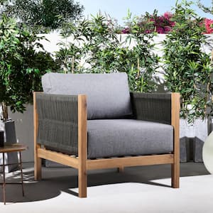 Sienna Outdoor Patio Lounge Chair in Acacia Wood with Teak Finish and Gray Fabric