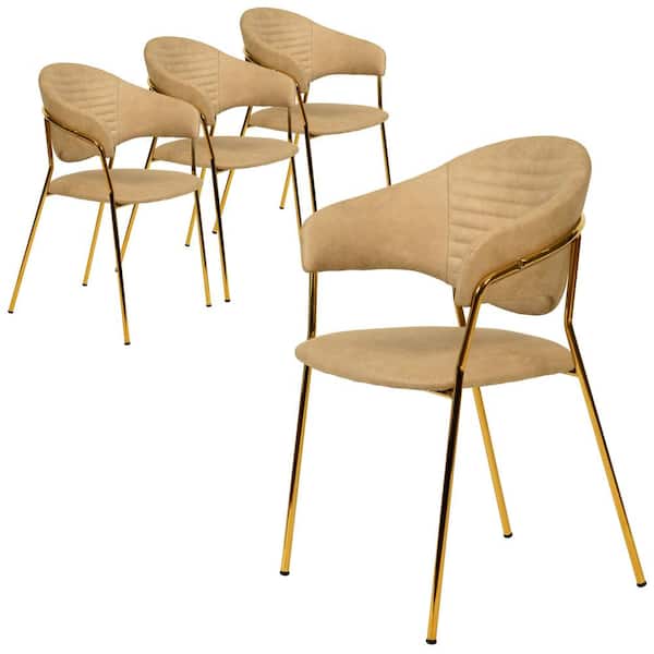 Upholstered Leather Dining Chair with Gold Stainless Steel Base Bella Collection Set of 4 in Taupe Leather