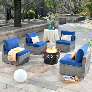 Sanibel Gray 5-Piece Wicker Outdoor Patio Conversation Chair Set with a Wood-Burning Fire Pit and Navy Blue Cushions