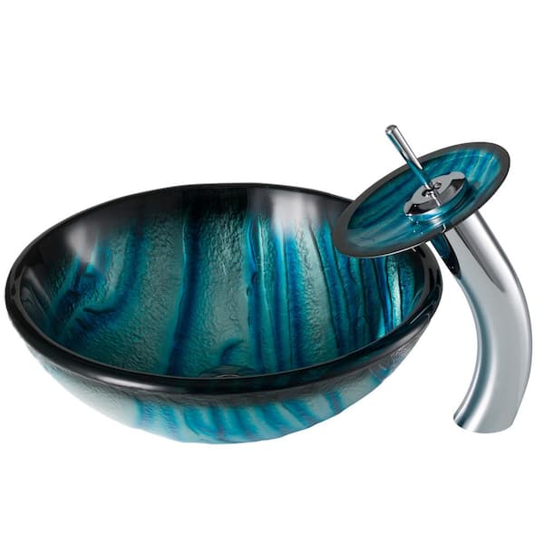KRAUS Natura 17 in. Round Vessel Bathroom Sink in Blue Glass with Waterfall Faucet in Chrome