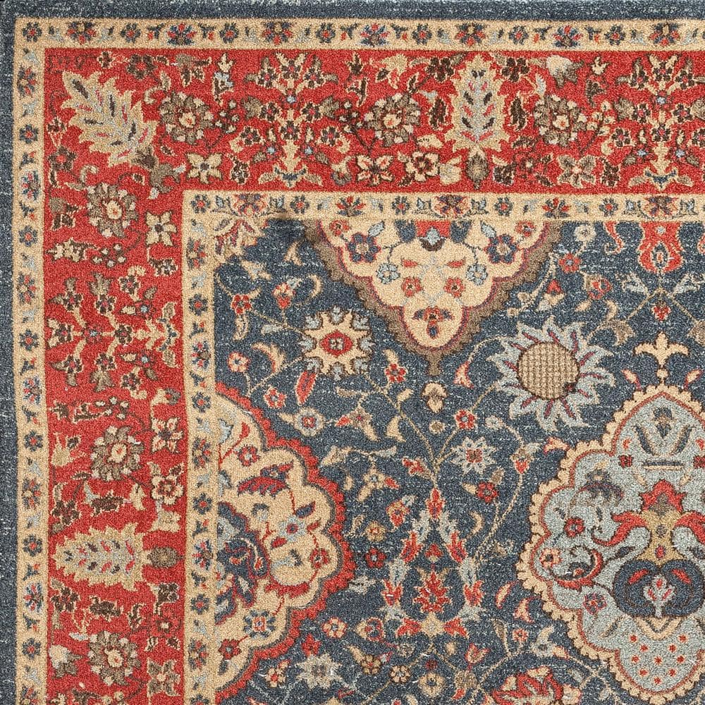 Red and Navy Floral Synthetic Rectangular Area Rug