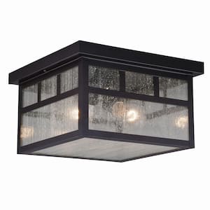 Mission Bronze Square Outdoor Flush Mount 2-Light Ceiling Fixture Clear Glass