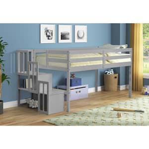 Gray Twin Low Loft Bed with 2 Compartments Stair Case, Storage, Safety Guard Rail, for Children / Kids Bedroom