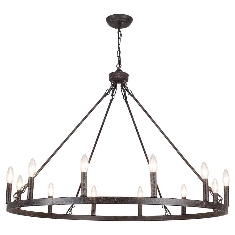 12-Light Antique Black Modern Candlestick Wagon Wheel Chandelier for Living