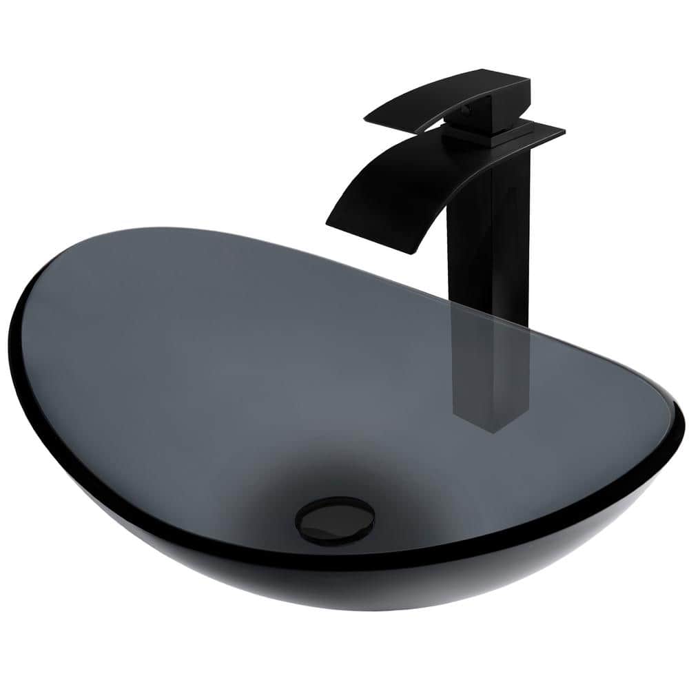 Bigio Clear Slate Grey Glass Slipper Vessel Sink with Faucet and Drain in Matte Black price history on PriceWatchPro