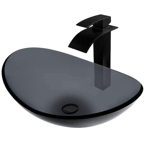 Novatto Bigio Clear Slate Grey Glass Slipper Vessel Sink with Faucet and Drain in Matte Black