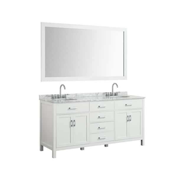 BEAUMONT DECOR Hampton 73 in. Bath Vanity in White with Marble Vanity Top in Carrara White with White Basin and Mirror