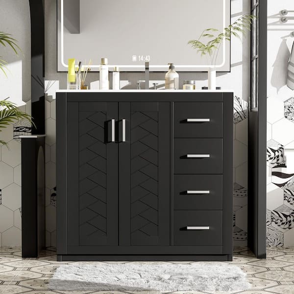 36 in. Single Sink Freestanding Black Bath Vanity with White Ceramic Top Unassembled