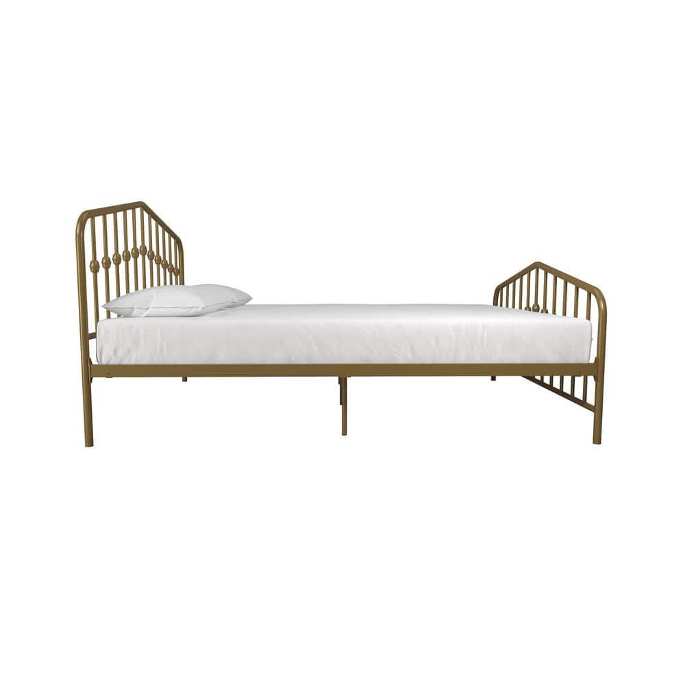 Bushwick Queen Gold Metal Platform Bed with Round Finials and Storage Drawer