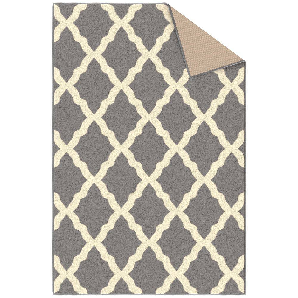 Gray and White Washable Non-Slip Trellis Area Rug