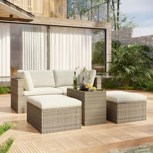 Brown 5-Piece Wicker Patio Conversation Sectional Seating Set with Beige Cushions