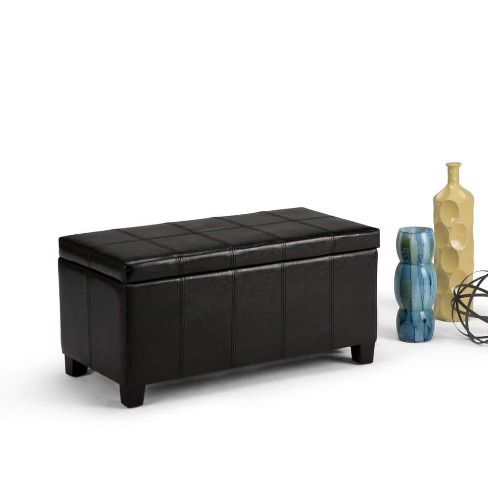 Midnight Black Faux Leather Rectangular Storage Bench Ottoman