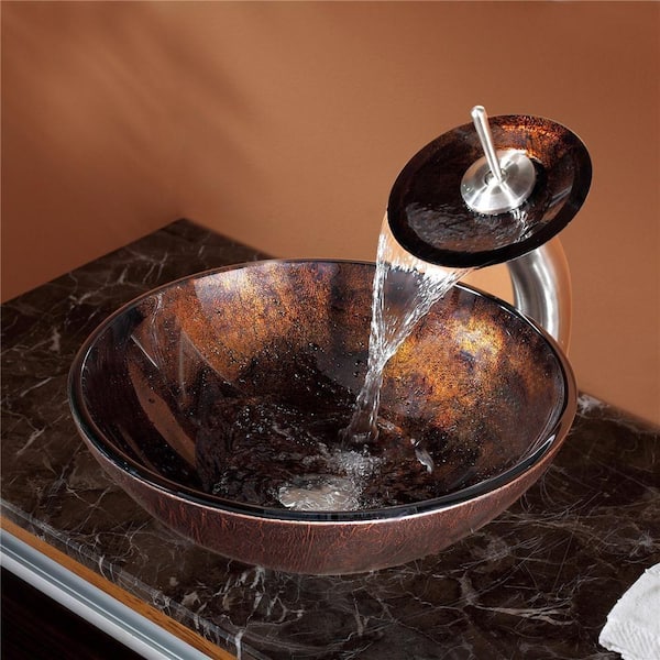 KRAUS Multi-Color 16.5 in. Round Vessel Bathroom Sink in Brown Glass with Waterfall Faucet in Satin Nickel