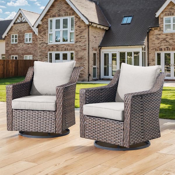 Brown Wicker Outdoor Rocking Chairs, 2-Piece Swivel Glider Chairs Set with Beige Cushions for Porch, Deck or Backyard