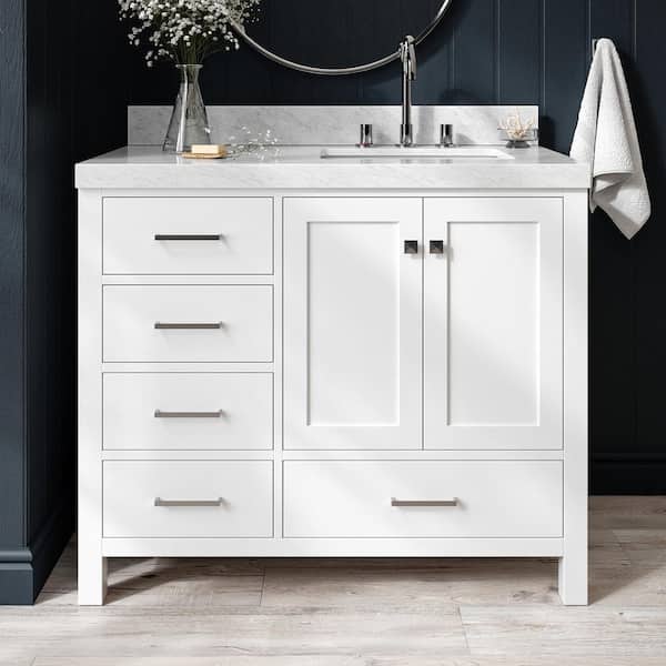 ARIEL Cambridge 42 in. W x 22 in. D x 36.5 in. H Single Sink Freestanding Bath Vanity in White with Carrara Marble Top