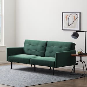 2- Piece Green Velvet Futon Chair Sofa Bed with Buttonless Tufting