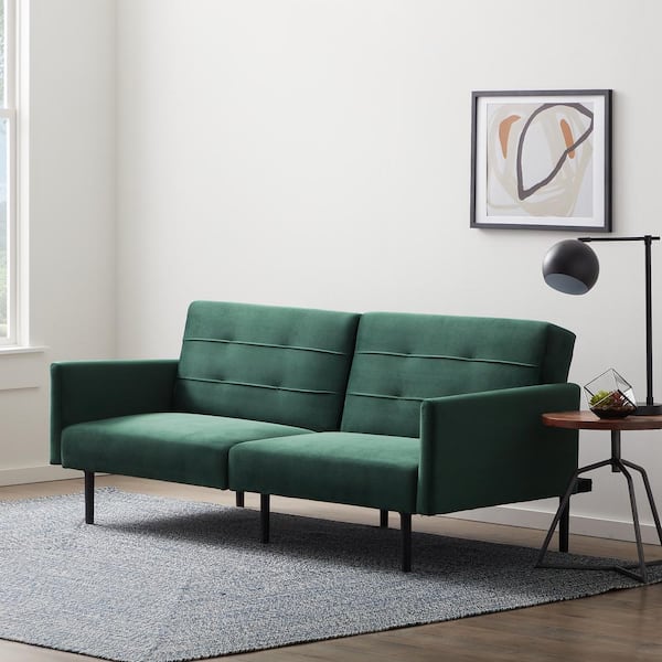 Lucid Comfort Collection 2-Seat Green Velvet Futon Chair Sofa Bed with Buttonless Tufting