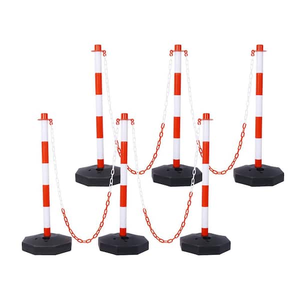 6-Pack White/Red Plastic Safety Barrier Post w/Fillable Base,5Ft Plastic Chain for Traffic Control and Warning W/R