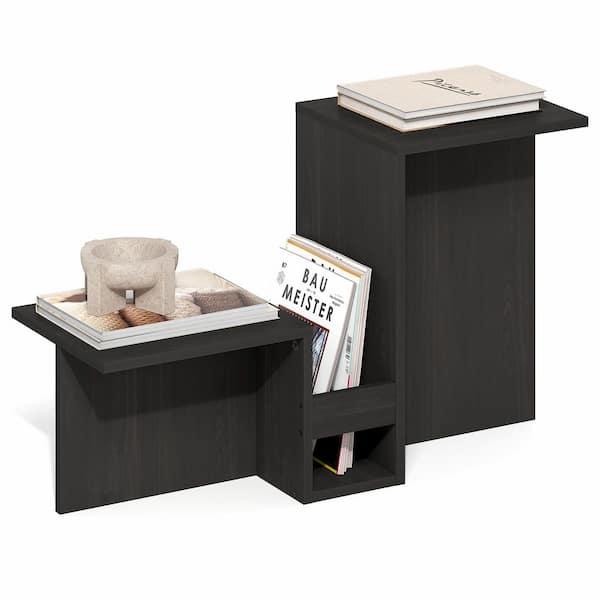 Furinno BOYATE Side Table, Valley Shaped End Table, with Tiered Levels and Magazine Rack, for Living Room, Espresso