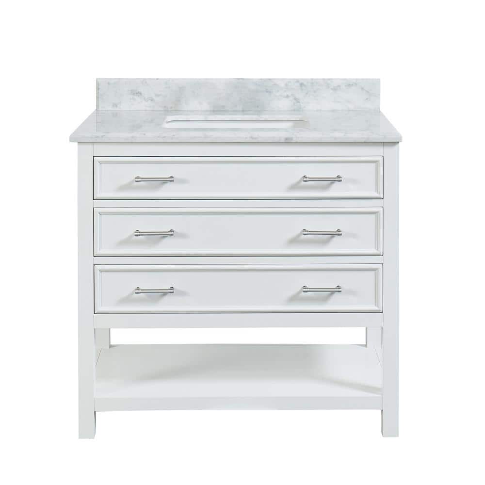 Trendverse 37 in. W x 22 in. D x 38.5 in. H Freestanding Bath Vanity in White with White Carrara Marble Top