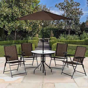 4 Pieces Brown Metal Folding Dining Chairs with Steel Armrests and Sling Back