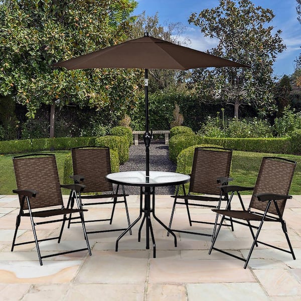 4-Pieces Brown Outdoor Recliner Metal Folding Dining Chairs with Armrests and Sling Back