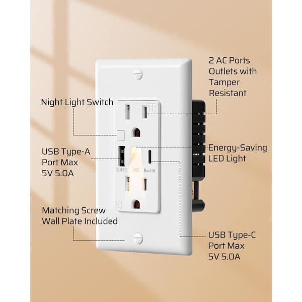 DEWENWILS 30W USB Wall Outlet – 3-Port (2 USB-A + 1 USB-C), 15A Tamper Resistant, Screwless Plate, UL Listed White