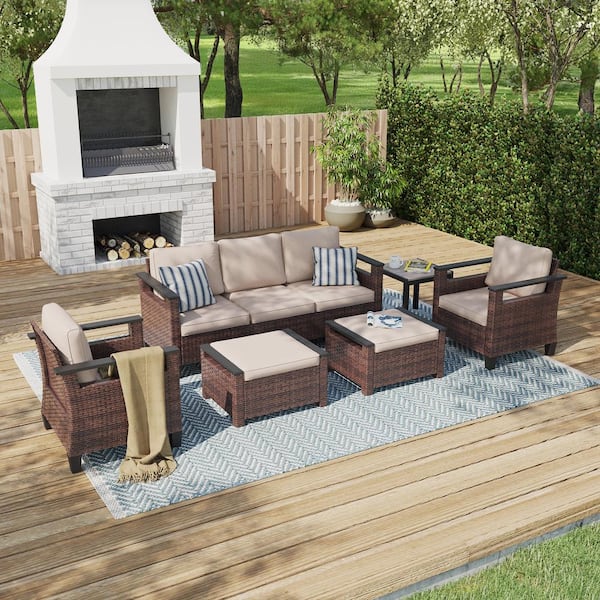6 Pieces All-Weather PE Brown Wicker Patio Conversation Set with Side Table with Sand Cushion