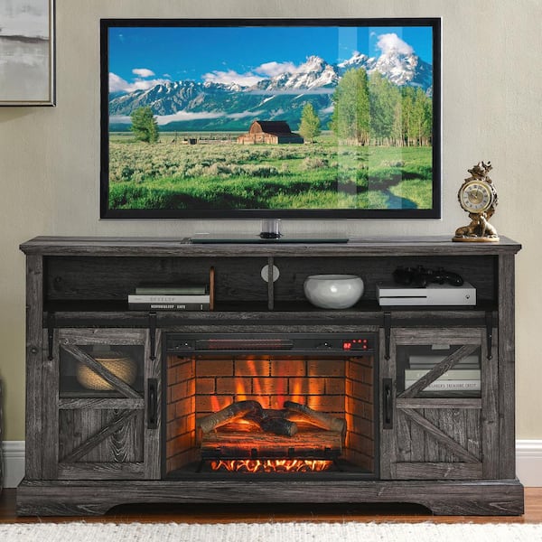 ToolCat 60 in. Freestanding Ultra Thin Tempered Glass Front Smart Electric Fireplace and TV Stand with Remote in Grey MR CEMFP07 The Home Depot