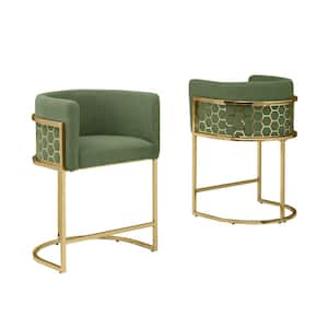 Evan 29 in. Green Low Back Gold Metal Frame Bar Stool With Teddy Fabric Set of 2