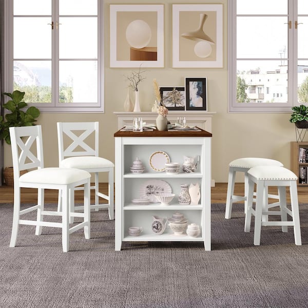 Harper & Bright Designs Rustic Farmhouse 5-Piece White Wood Counter Height Dining Table Set Seats 4 with 3-Tier Side Shelves, 2 Stools, 2 Chairs