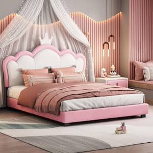 Wood Frame Full Size Upholstered Princess Platform Bed with Crown Headboard, Pink/White