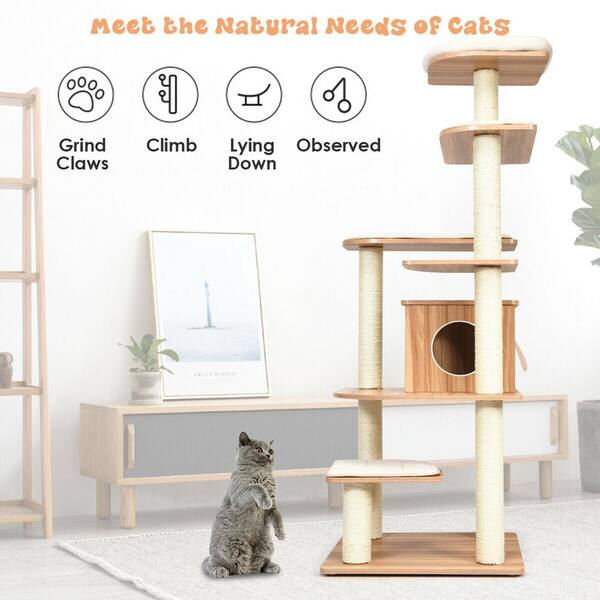 34" Tall Wooden Cat Tree Solid Wood Cat Tower With Jute Scratching