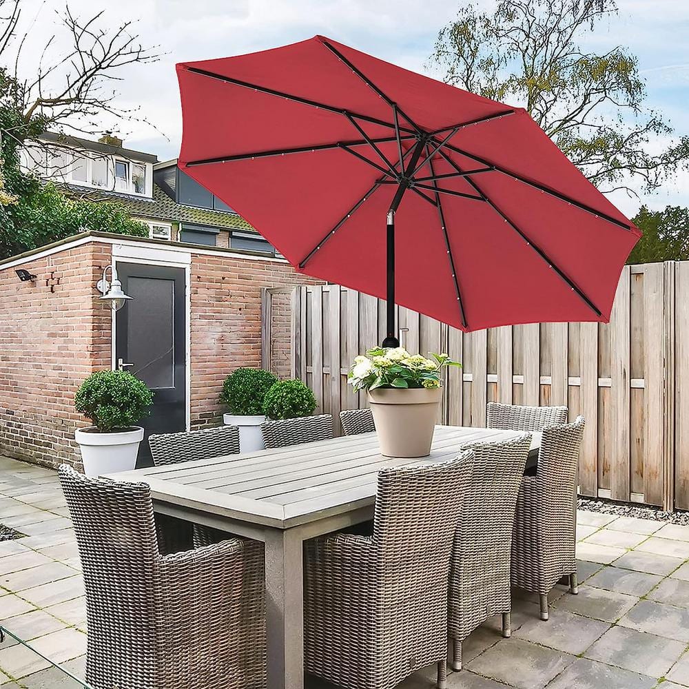 9 ft. Red Solar Umbrella 32 LED Lighted Patio Umbrella Table Market Umbrell